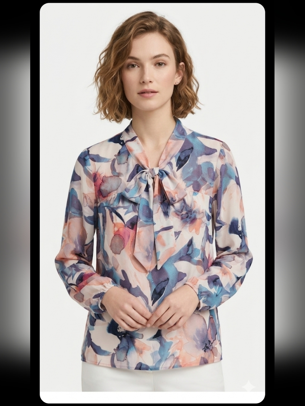 DKNY Pastel Floral Tie-Neck Blouse in Blue and Pink Sz XXL